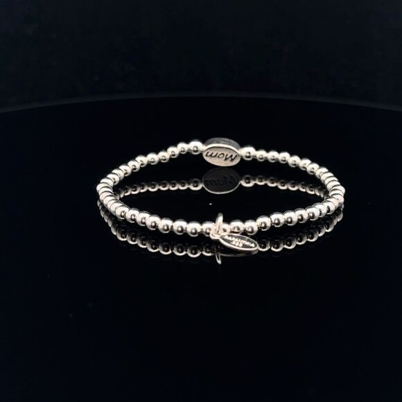 925 Sterling Silver Beaded Stretch Stacking Bracelet Minimalist Mom Charm - Picture 4 of 6